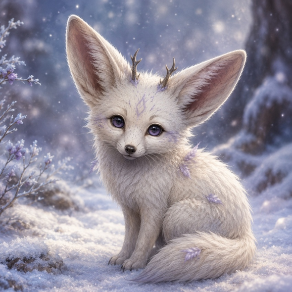 Fenn, the white familiar with purple eyes and tiny antlers
