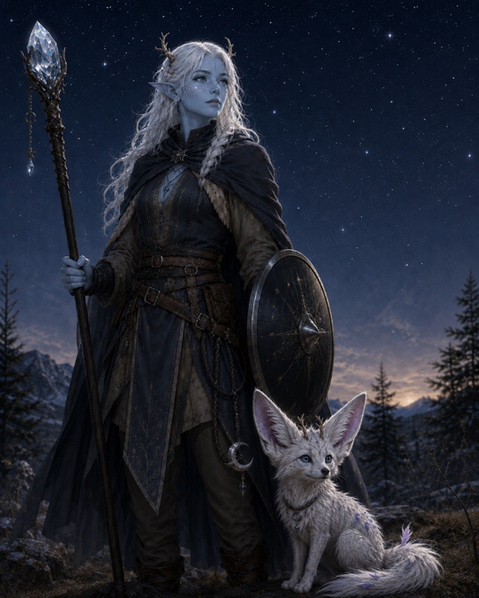 Eilora Silverbough and Fenn beneath a starry sky